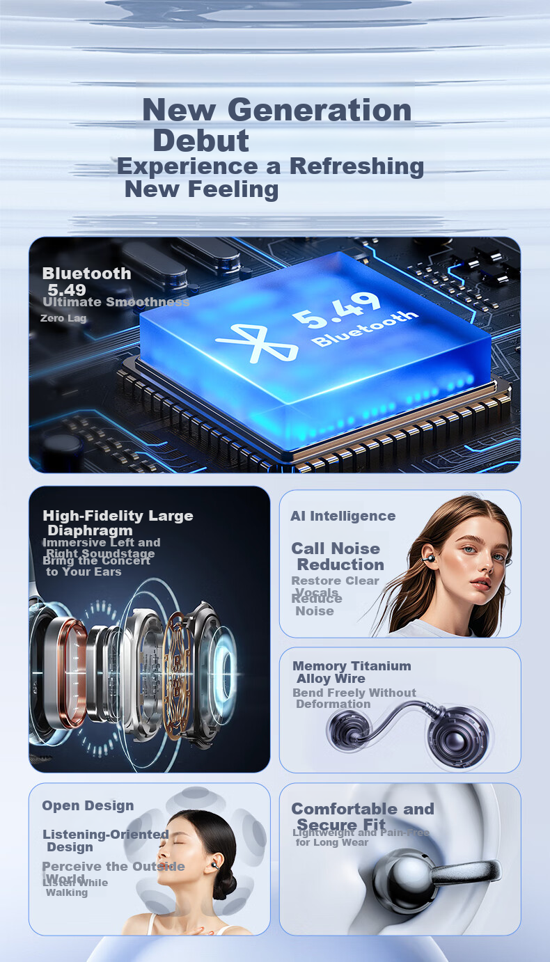 Zhiguozhe [2026 Latest Model - Berlin Sound] Bluetooth Clip-On Wireless Earphones, Non-In-Ear, Ear-Hook Design, Long Battery Life, Noise Cancelling, Sports Running Headset for Men and Women, Huaqiangb 6