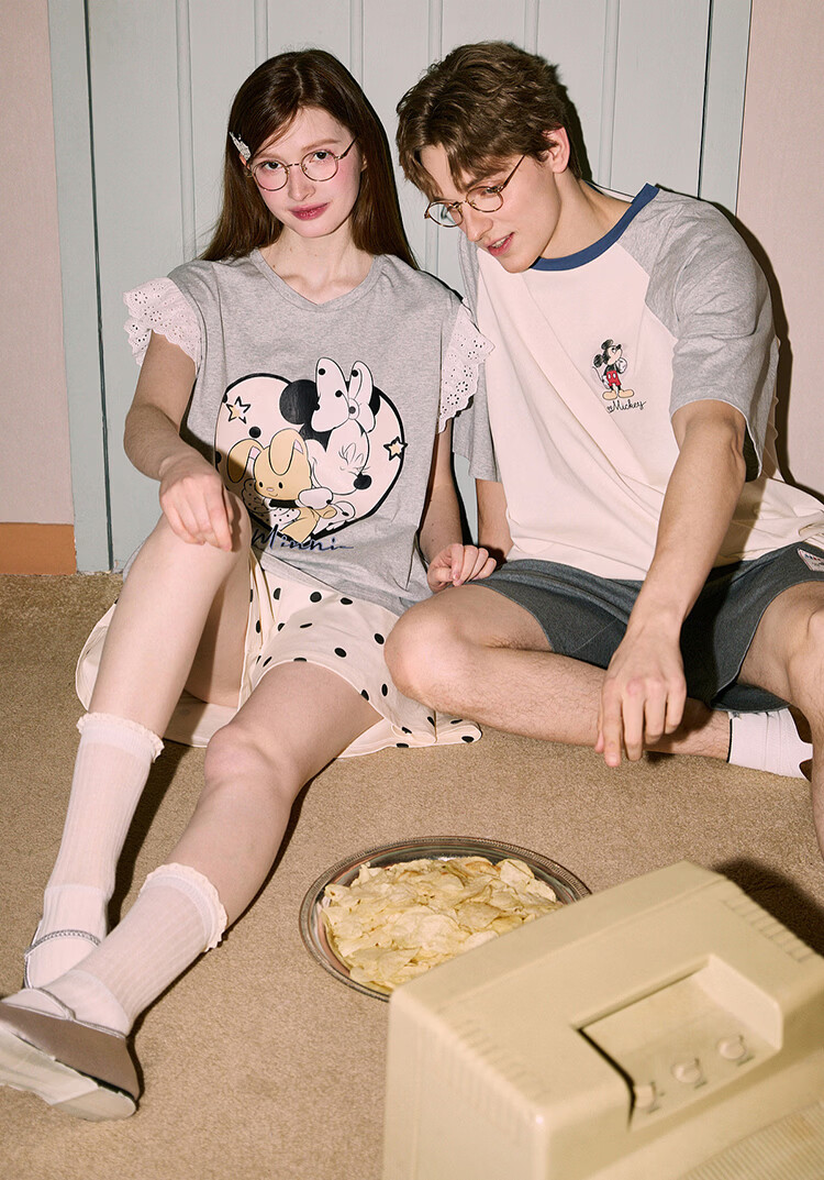 Gukoo Couples Pajamas Women's 2026 New Summer Disney Collaboration Cotton Pajamas Men's Homewear Light Gray S 23