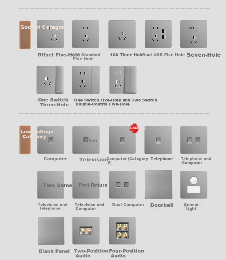 DELIXI CD821 Series 16A Three-Prong Air Conditioner Socket Star Silver Large Panel Switch Socket Panel 35