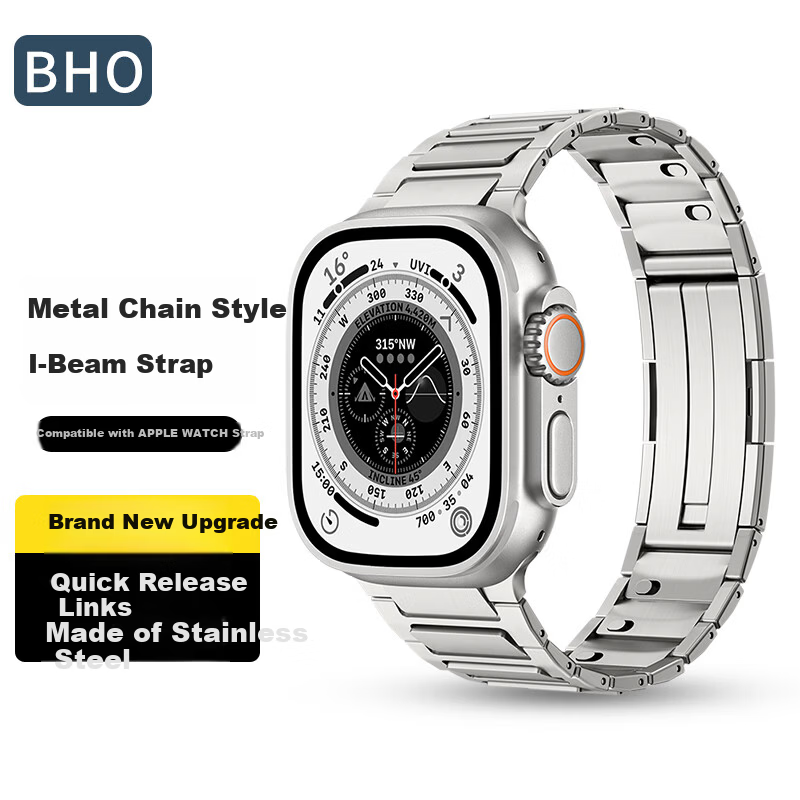 BHO Apple Watch Band Compatible with S11/Ultra3, Stainless Steel I-Beam Pattern Quick-Release Metal Link Strap for iWatch S10/9/8/7/SE3