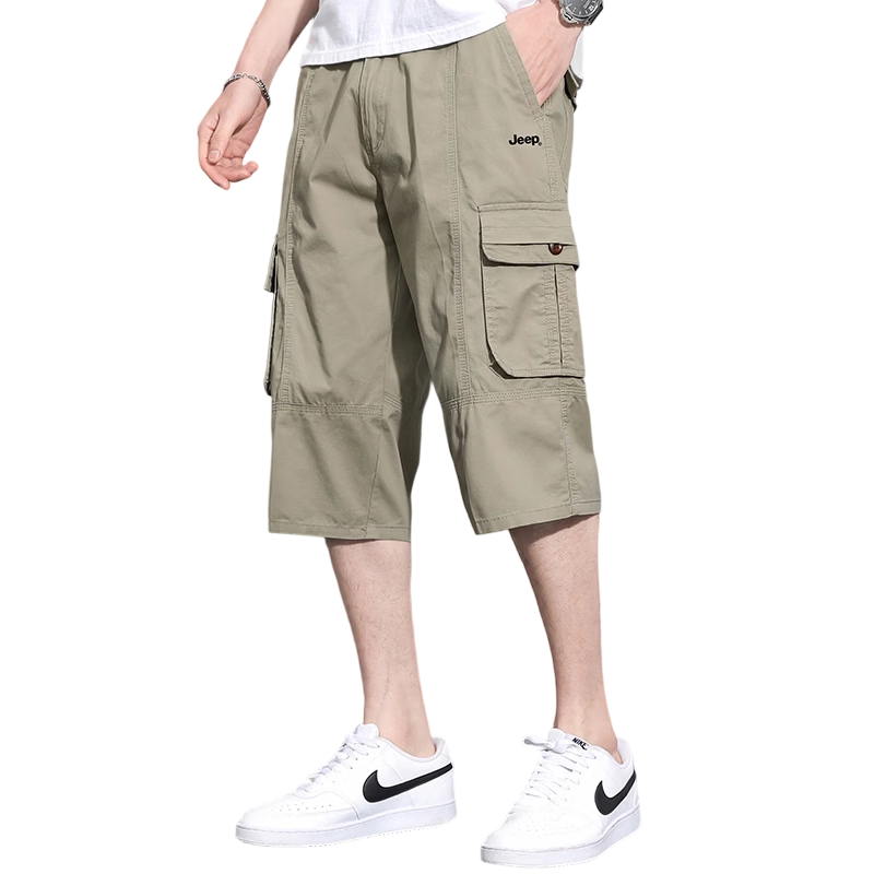 JEEP Men's Cotton Khaki Cargo Shorts, Summer Lightweight Loose Fit Multi-Pocket 3/4 Pants, Size 4XL