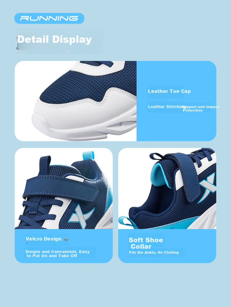 XTEP Kids Basic Sports Shoes Student Campus Versatile Velcro Running Shoes Black/XTEP White Size 35 6