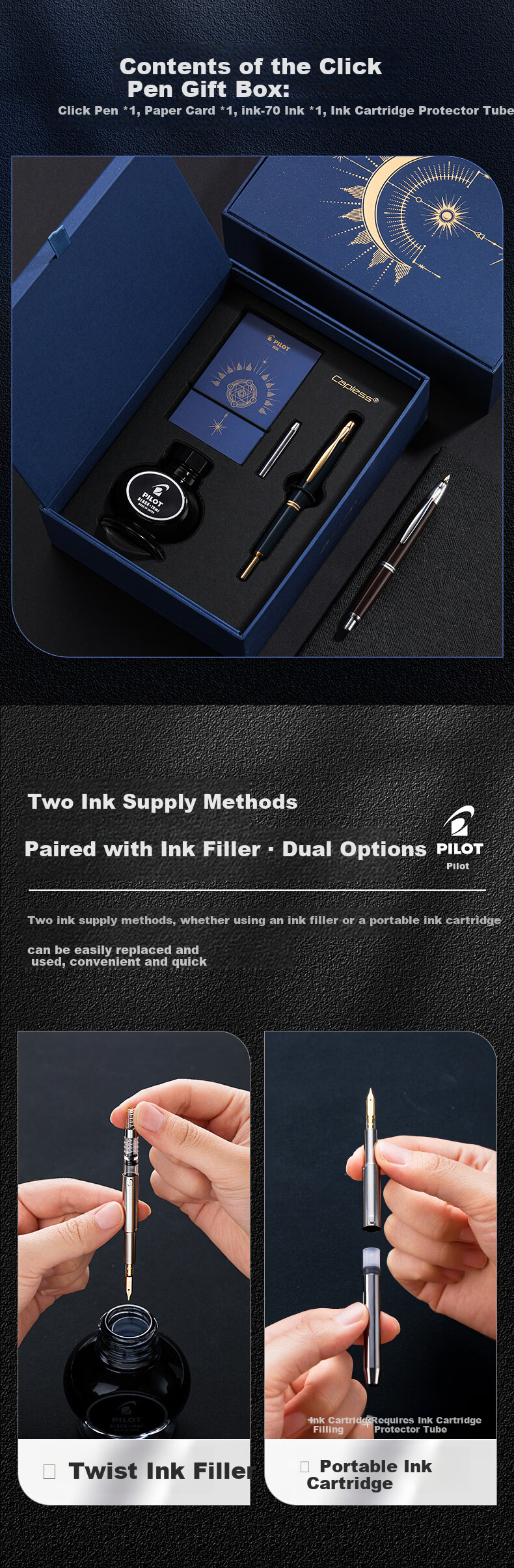 PILOT CAPLESS Retractable Fountain Pen Business Office Gift for Leaders Adult Pen (Gold Clip) F Nib Black FC-1500RG-F-B 9