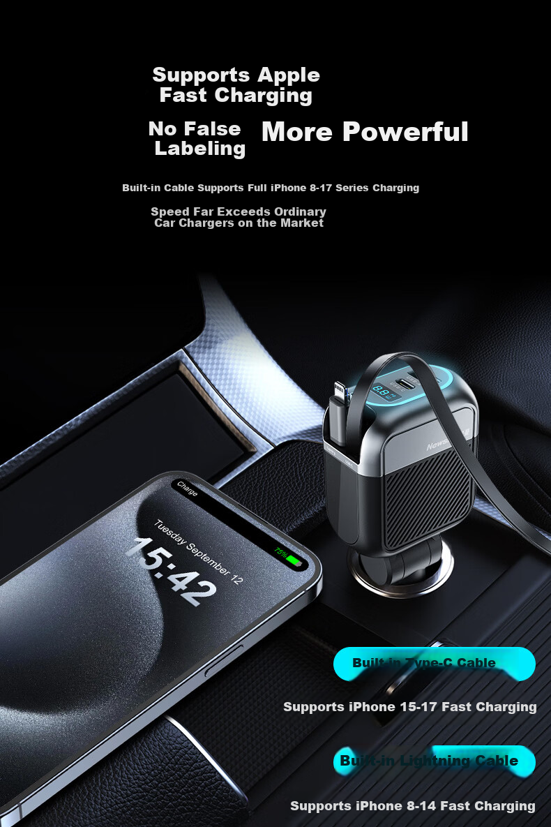 Newsmy Car Charger Super Fast Charging with Retractable Cable Multi-Function 3-in-1 Cigarette Lighter Adapter Car Charger 12