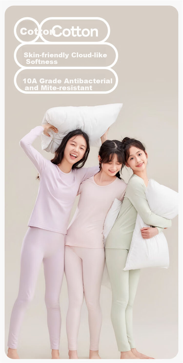 MiiOW Girls Lycra Cotton Autumn Thermal Underwear Set A-Class Antibacterial Warm Long Johns for Older Children Cotton Knitwear 2
