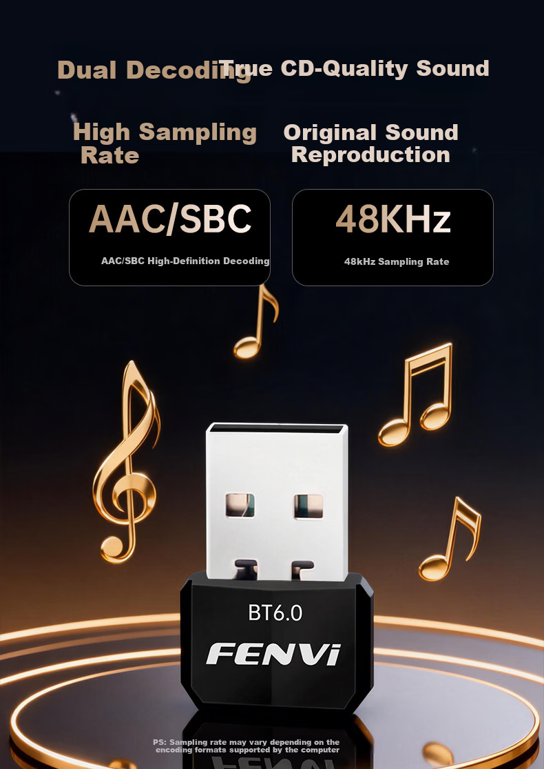 Fenvi USB Bluetooth 6.0 Adapter Driver-Free Bluetooth 6.0 Receiver for Desktop PC Bluetooth Module Wireless Keyboard Mouse Speaker Headset Game Controller Connection 7