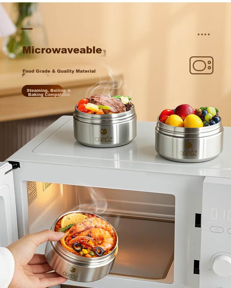 CAMUZ Insulated Lunch Box 316 Stainless Steel Microwaveable Thermal Container Large Capacity 4-Pack 6
