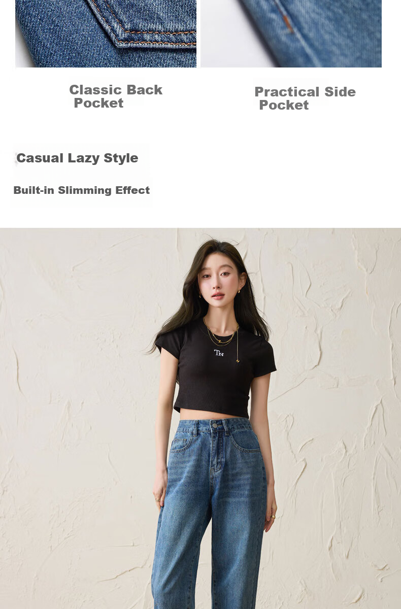 Langsha [New Retro Revival] Women's High-Waist Straight-Leg Wide-Leg Denim Jeans Loose Floor-Length Slimming Pants Spring Autumn 7