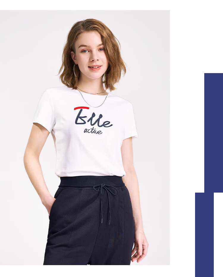 ELLE ACTIVE Fashion Versatile Antibacterial Short Sleeve T-Shirt Women Slim Fit High Cotton Content Summer New Round Neck Top Navy Blue XL 11