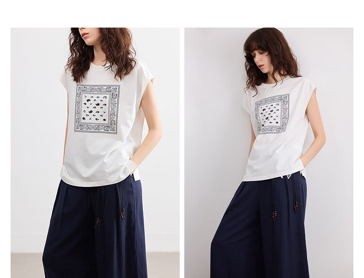 Demana [Cool Sorona] Summer Retro Print Crew Neck Short Sleeve Loose Casual Simple Versatile Women's T-Shirt 9