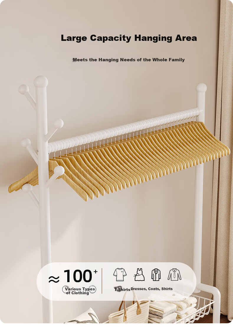 Yicai Nianhua Floor Clothes Drying Rack with Net and Wheels Multifunctional Bedroom Clothes Rack with Storage Basket and Coat Hanger 1255 6