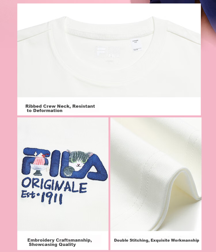 FILA Official Couple's Knitted Short Sleeve Shirt 2026 Summer Fashion Casual Unisex Loose Cat Embroidery T-Shirt 11
