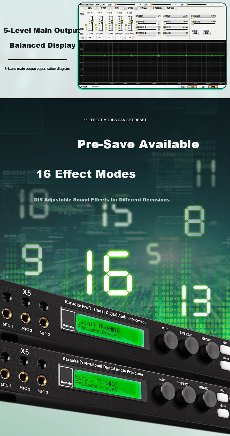 Depusheng X5 Professional KTV Preamp Effects Processor Digital Audio Processor Stage Singing Conference Home Karaoke Reverb Mixer Anti-Howling Suppression Home Effects Processor 8