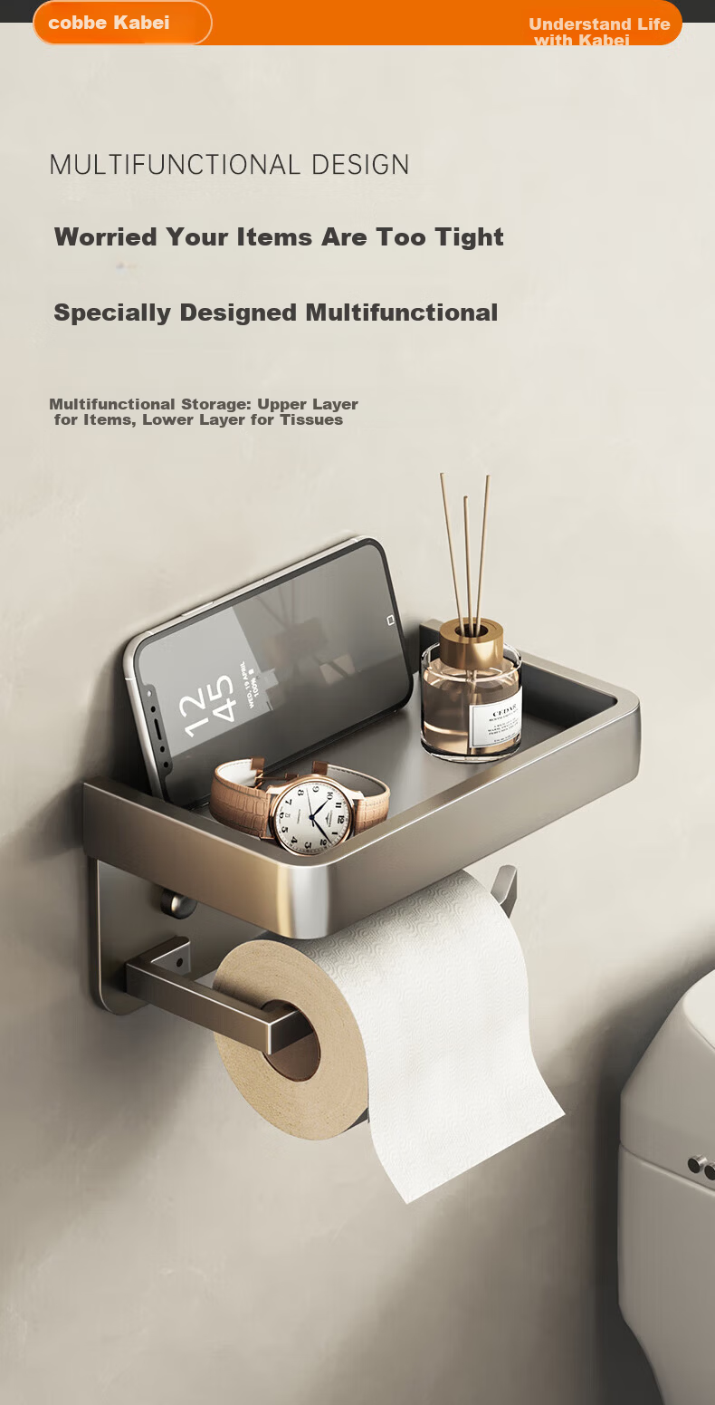 Cobbe Bathroom Toilet Paper Holder, Space Aluminum, No Drilling Required, Waterproof Rack 5