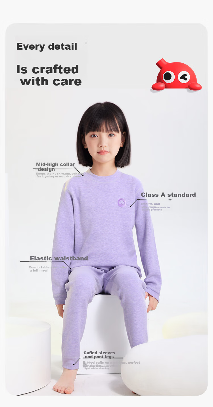 Hodo Kids Thermal Underwear Unisex Fleece Lined Thickened Autumn Shirt and Pants School Uniform Essential Purple Size 110 9