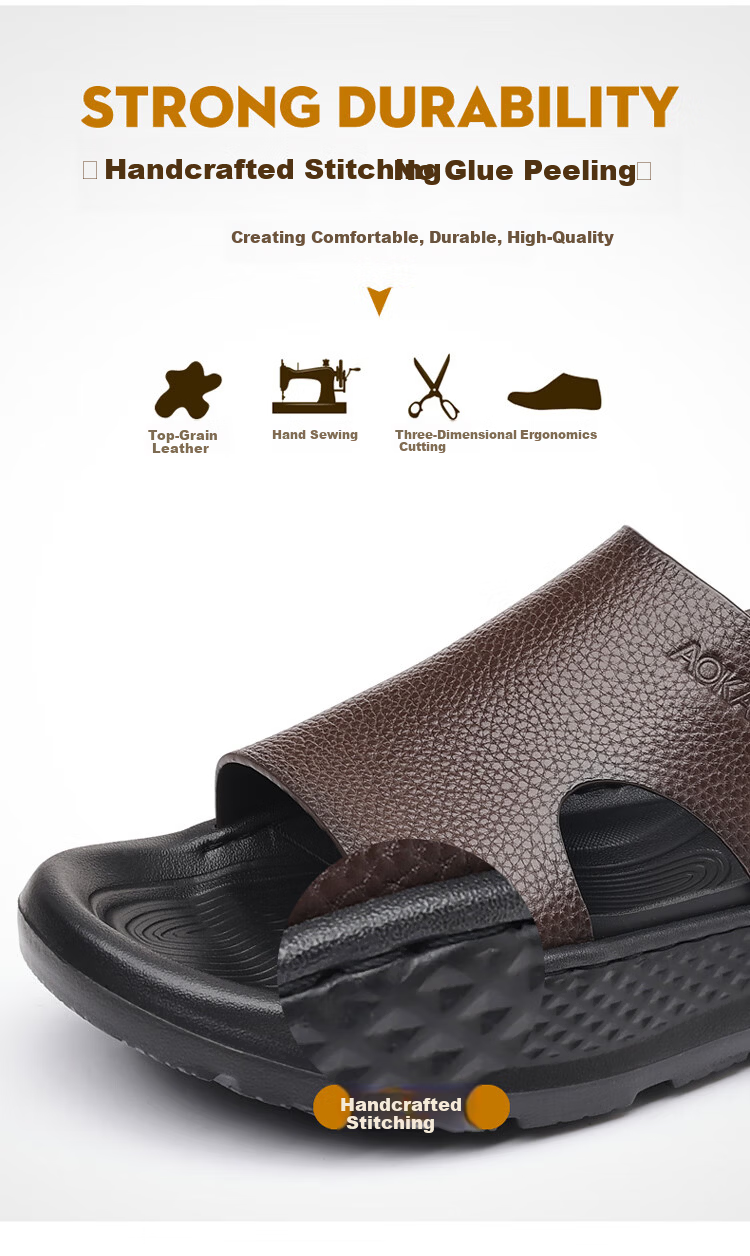Aokang Summer New Thick-Soled Sandals, Cowhide Soft Sole Casual Beach Shoes Slippers, Brown, Size 44 7