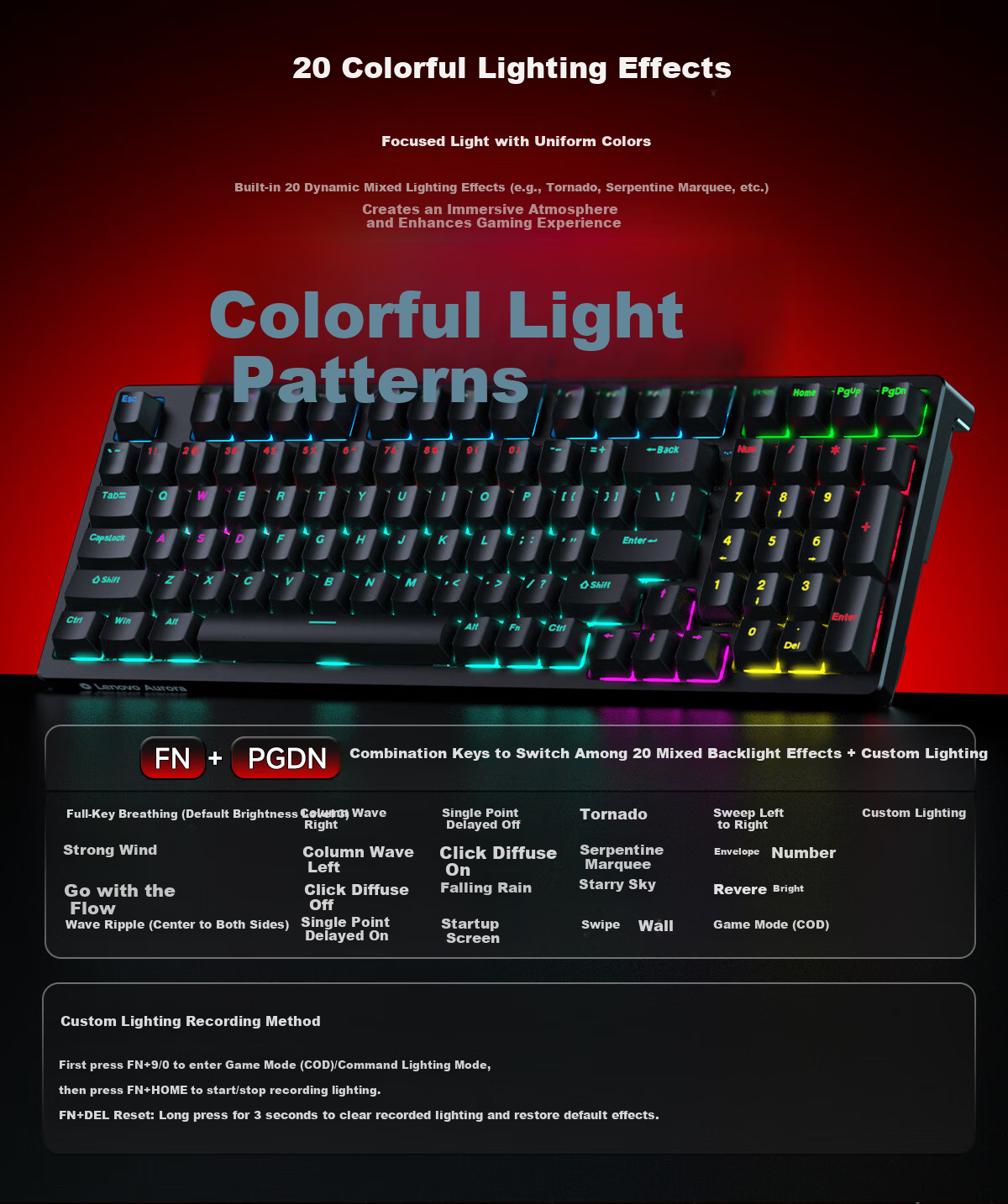 Lenovo GK10 98L Mechanical Keyboard, Full Hot-Swappable, 20 Backlight Effects, Gaming And Office Computer Keyboard, Aurora Series Wired 98-Key Layout, Black with Mixed Blue Switches 1