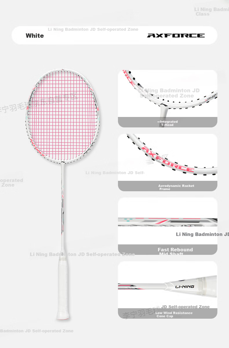 LI-NING Thunder Mini 4U Full Carbon Offensive Lightweight High Tension Badminton Racket White with Pre-Strung Pink Strings 9