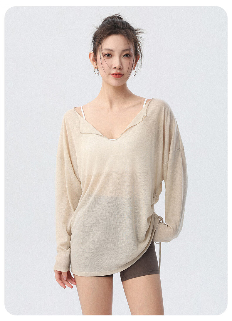 Langsha Loose Yoga Shirt Women V-Neck Tie Lazy Style Side Drawstring Running Sports Long Sleeve Fitness Top 16