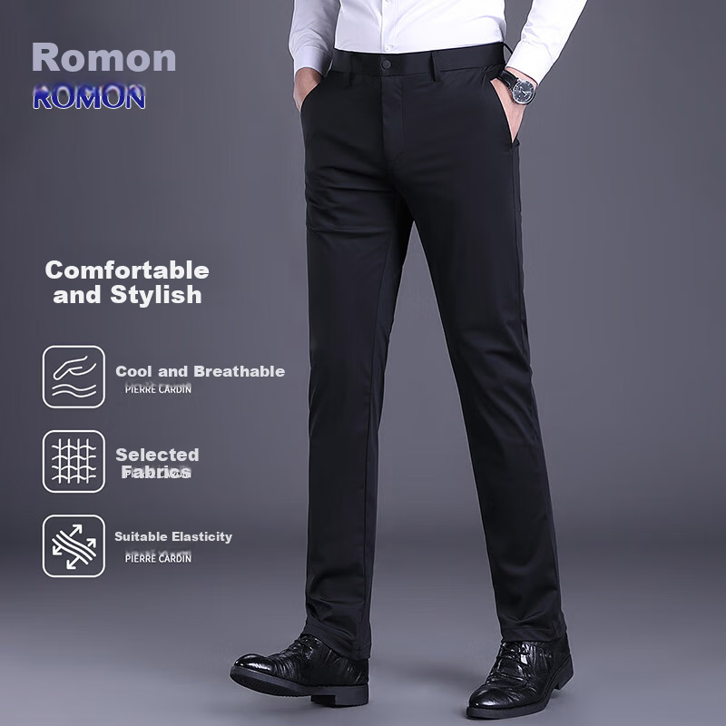 ROMON Men's Casual Pants Spring Summer Business Straight Slim Fit Dress Pants Slightly Stretchy Black 32