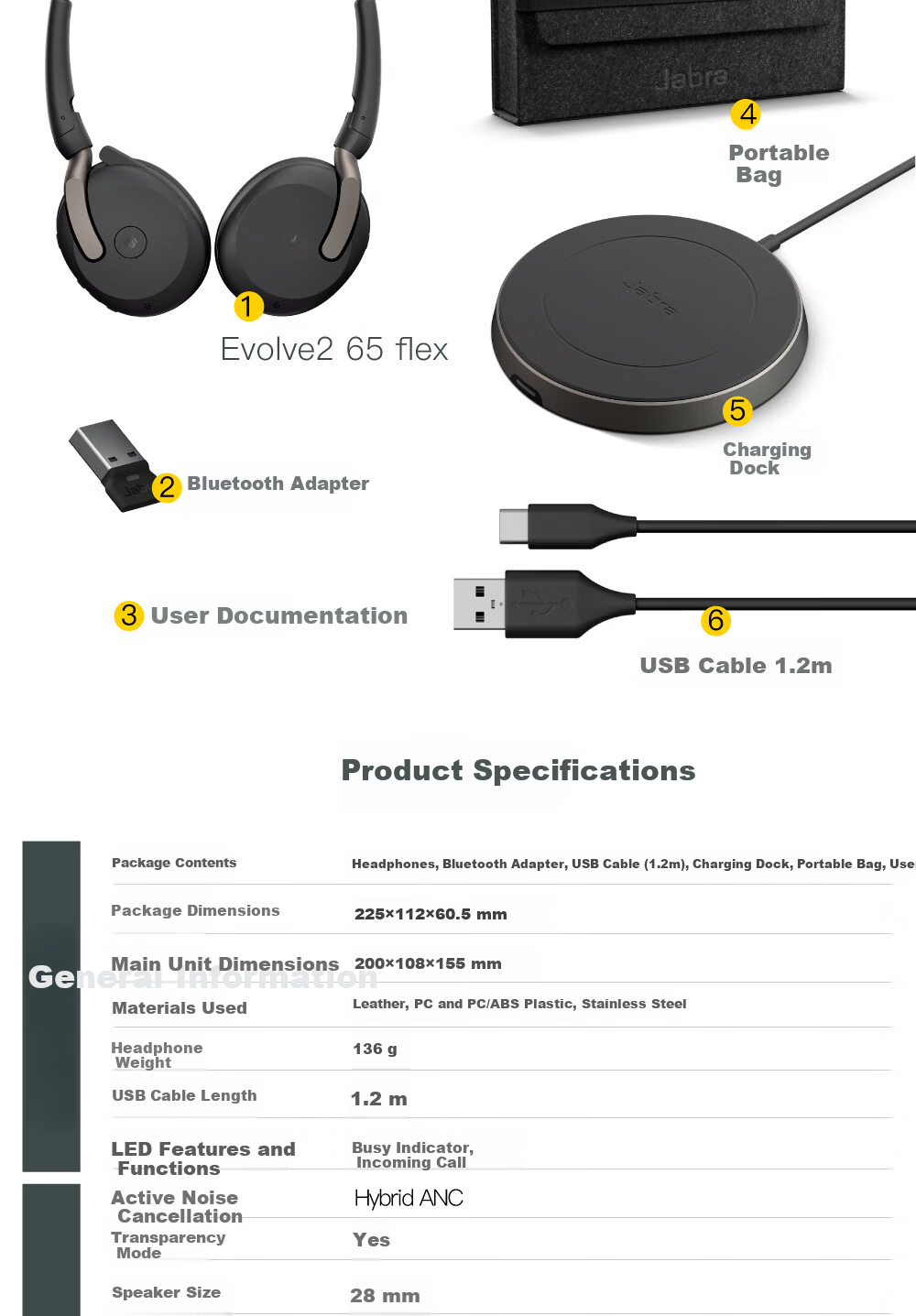 Jabra Evolve2 65 Flex MS Wireless Charging Pad Bluetooth Noise-Cancelling Headset for Computer Office Conference Calls Customer Service Online Education Over-Ear 17