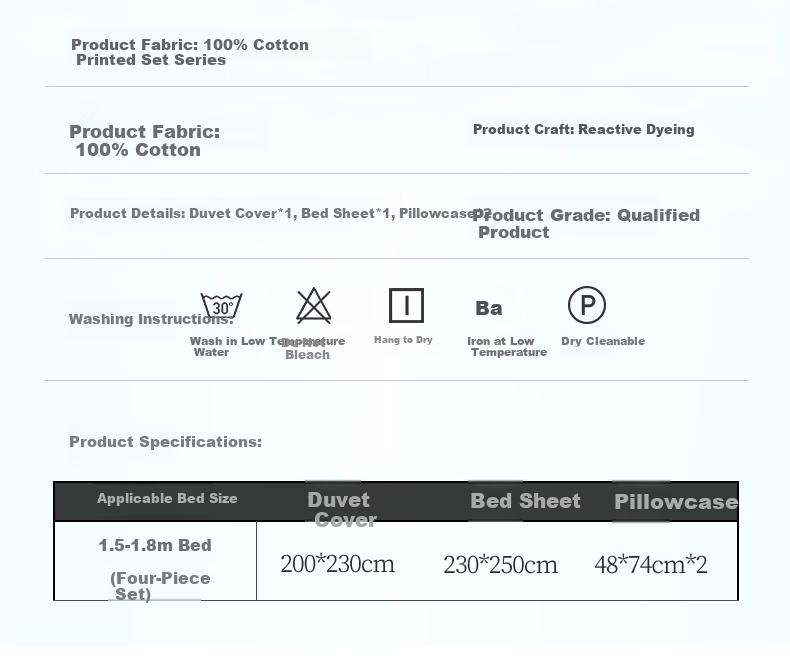 Aiwei A-Class Pure Cotton Bedding Set 4-Piece 100% Cotton Double Duvet Cover Bed Sheet 200*230cm Bardel 9
