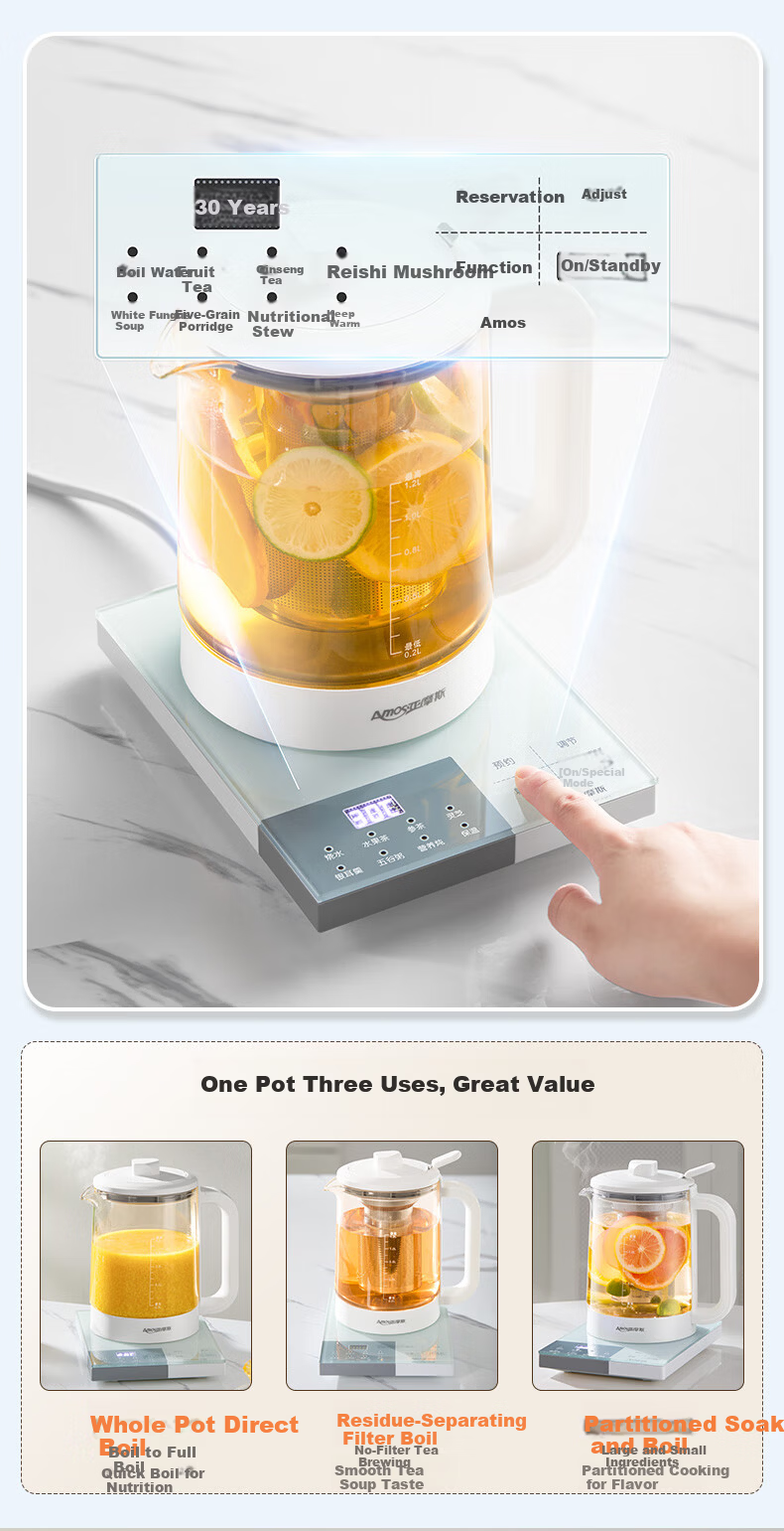 Amos Pure Titanium Health Kettle 1.2L Household Tea Kettle Baby-Grade 316 Electric Kettle Fully Automatic Insulation Appointment Flower Tea Kettle AS-YSH1258(Ti) 8