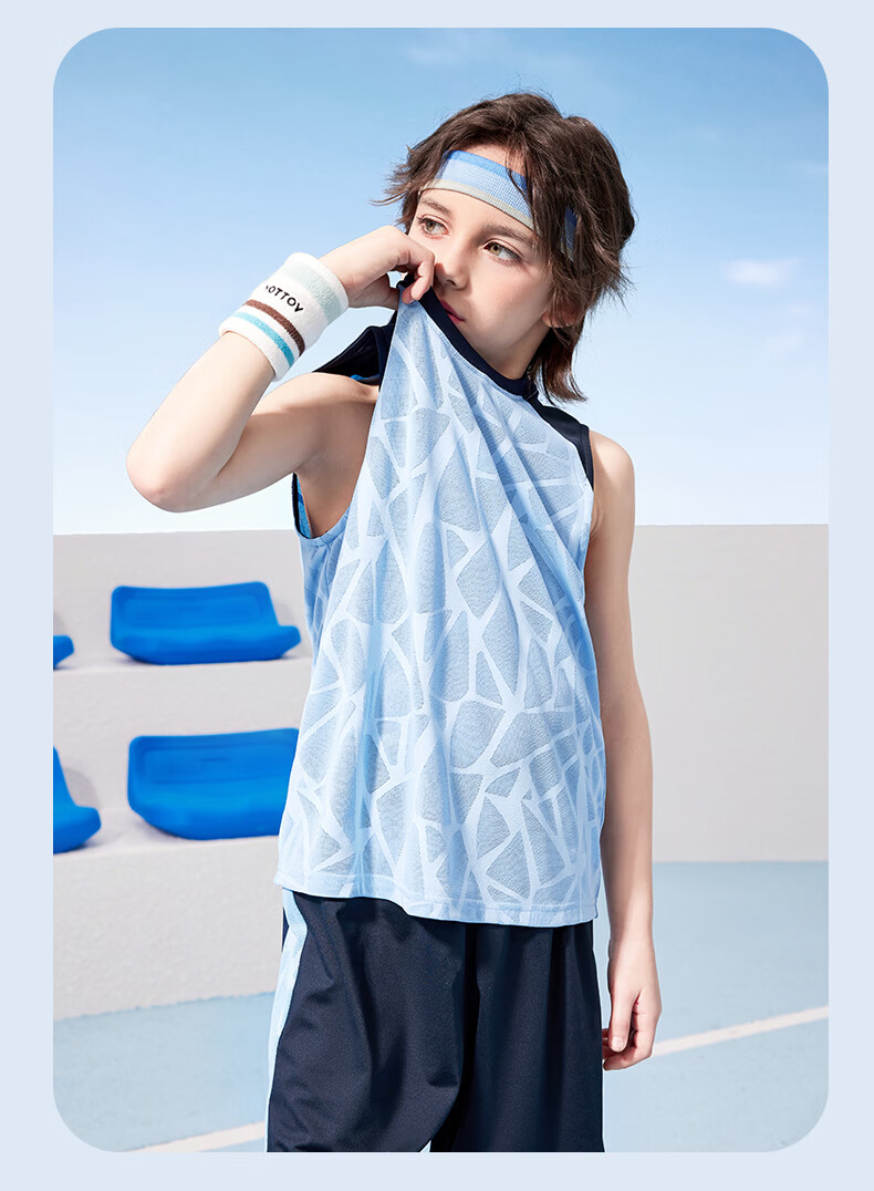 Mark Fairwhale Kids Boys Summer Outfit 2026 New Children's Sports Quick-Dry Two-Piece Basketball Set Blue 140 16
