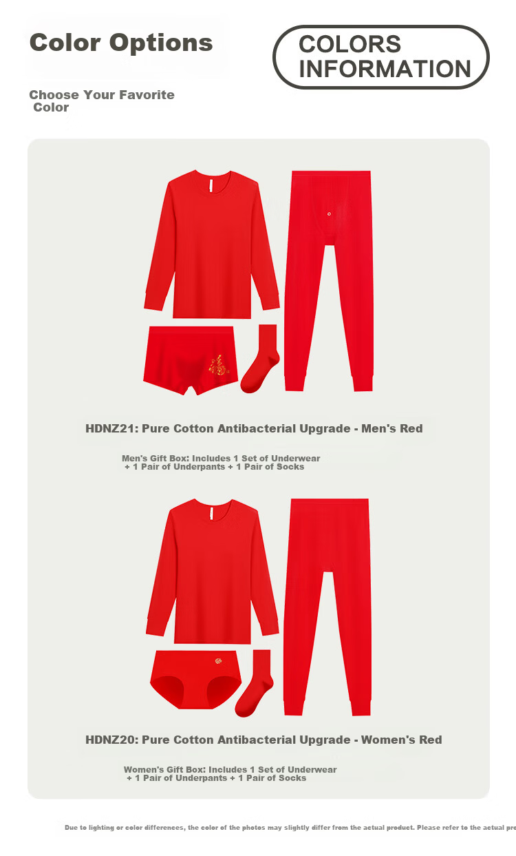 Hodo Women's 7A Antibacterial Pure Cotton Thermal Underwear Set Autumn Shirt and Pants Soft Cotton Underwear Socks Year of the Horse Zodiac Wedding Warmth Gift Box 9