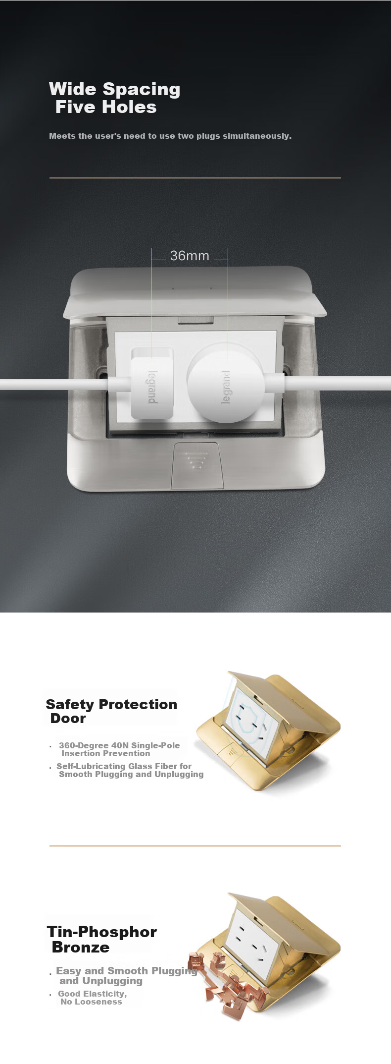 LEGRAND Flat Push-In Thin Concealed Sliding Cover Floor Socket, Silver - Five-Hole Floor Socket [Base Box Not Included] 7