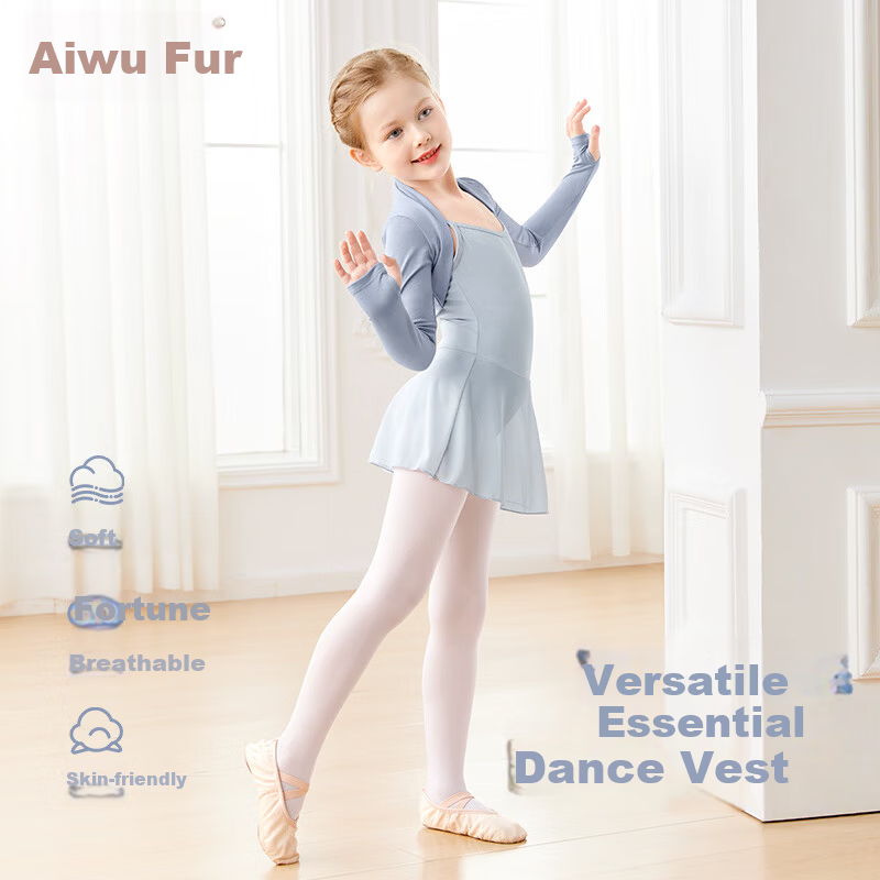 Aiwu Ge Children's Dancewear Modal Vest Jacket Latin Dance Practice Long Sleeve Spring and Autumn Outerwear Elegant Blue 120