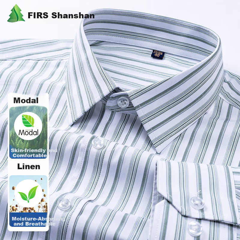 FIRS Men's Long Sleeve Business Casual Striped Shirt with Linen and Modal, Green Stripes, Size 42