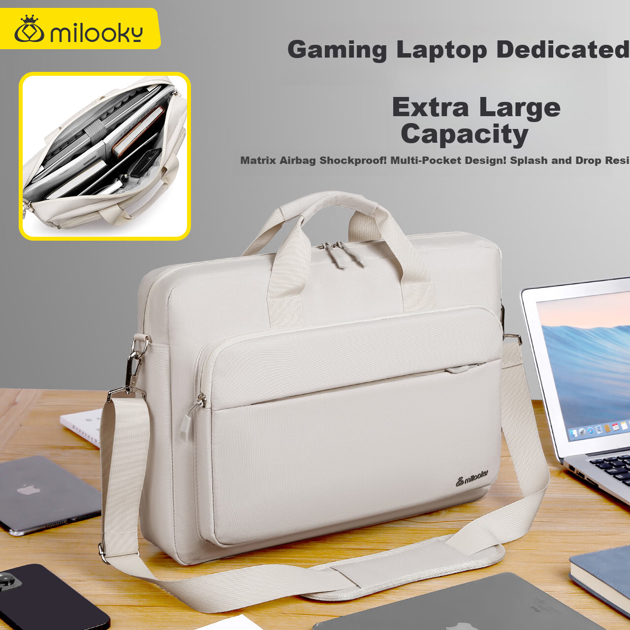 Milooky Single Shoulder Laptop Bag Large Capacity for Men Compatible with Apple Huawei 13/13.6/14 Inch Briefcase Laptop Bag