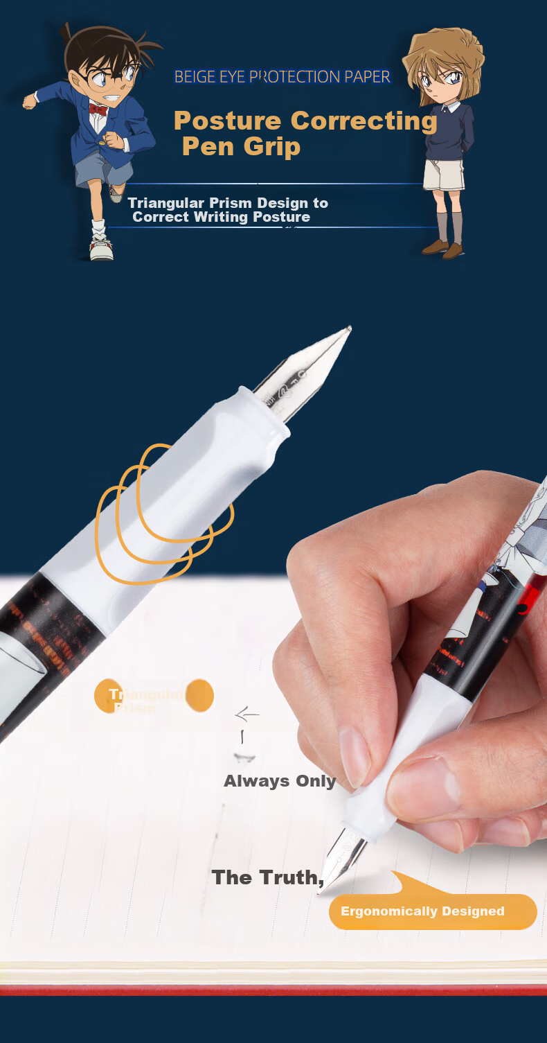 AIHAO Detective Conan Collaboration Children's Fountain Pen EF Nib for Grades 3-6 Posture Correction Writing Pen Refillable Ink Cartridge Set Kid DMS2006 Back to School Essential 9