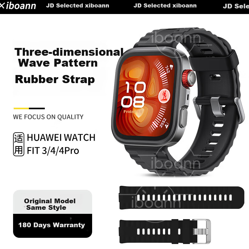 Iboann Compatible Huawei FIT4 Watch Strap WatchFit4 Pro 3D Wave Pattern Silicone Universal FIT3 Wristband Unisex Waterproof Accessory Rhythm Black