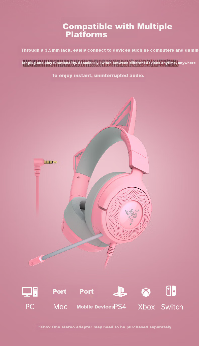 Razer Kraken V3X Wired Gaming Headset Cat Ear Edition 7.1 Surround Sound CSGO PUBG Headphones Compatible with Delta White 5