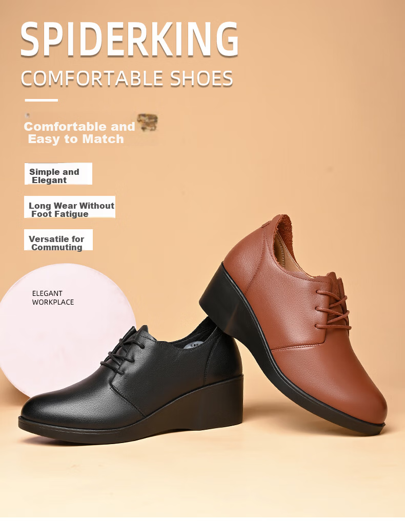 SPIDER KING Women's Low-Cut Leather Shoes Comfortable Versatile Thick Sole Wedge Work Professional Mom Shoes Black Size 37 1
