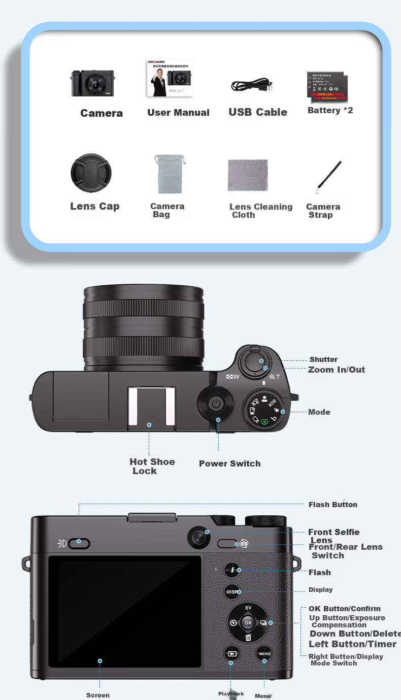 SONGDIAN Digital Camera Front and Rear Dual 5K Vlog 3X Optical Zoom Mirrorless Portable Student Camera DC205X Black 128GB Memory 20