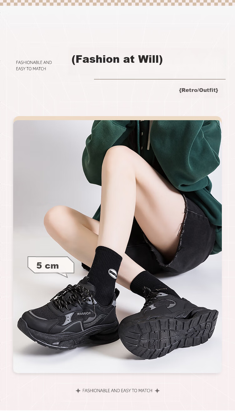Warrior Official Women's Dad Sneakers Spring New Versatile Soft Sole Height Increasing Black Gray Size 35 (225mm) 3