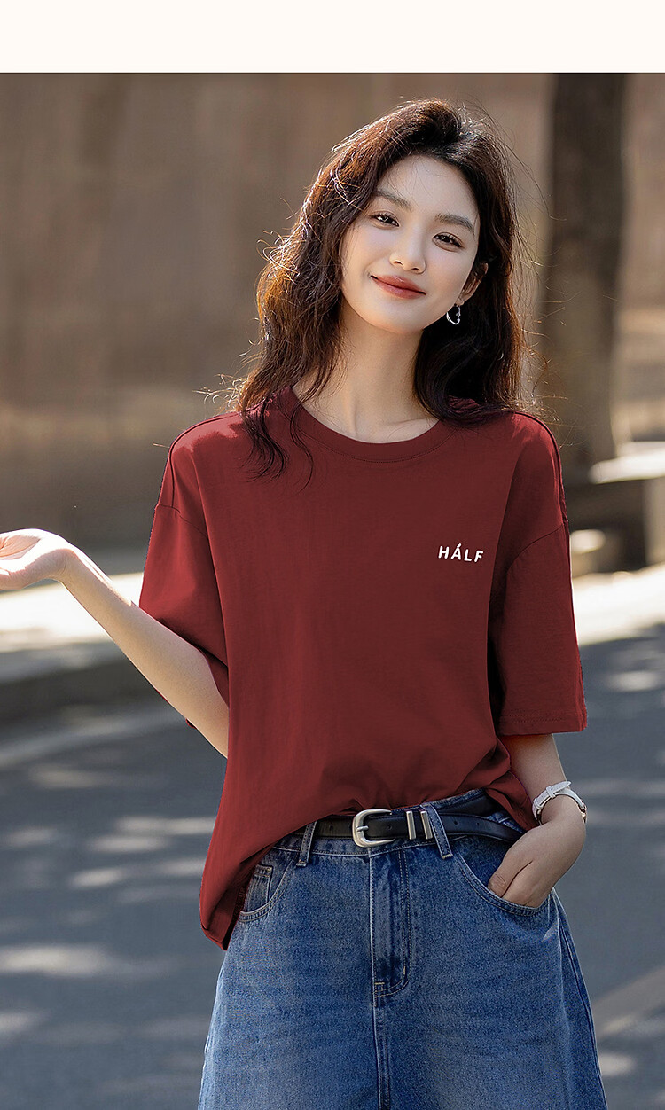 Demana [Comfort 180G Pure Cotton] Summer Simple Style Letter Print Loose Fit Women's 5-Sleeve T-Shirt 25