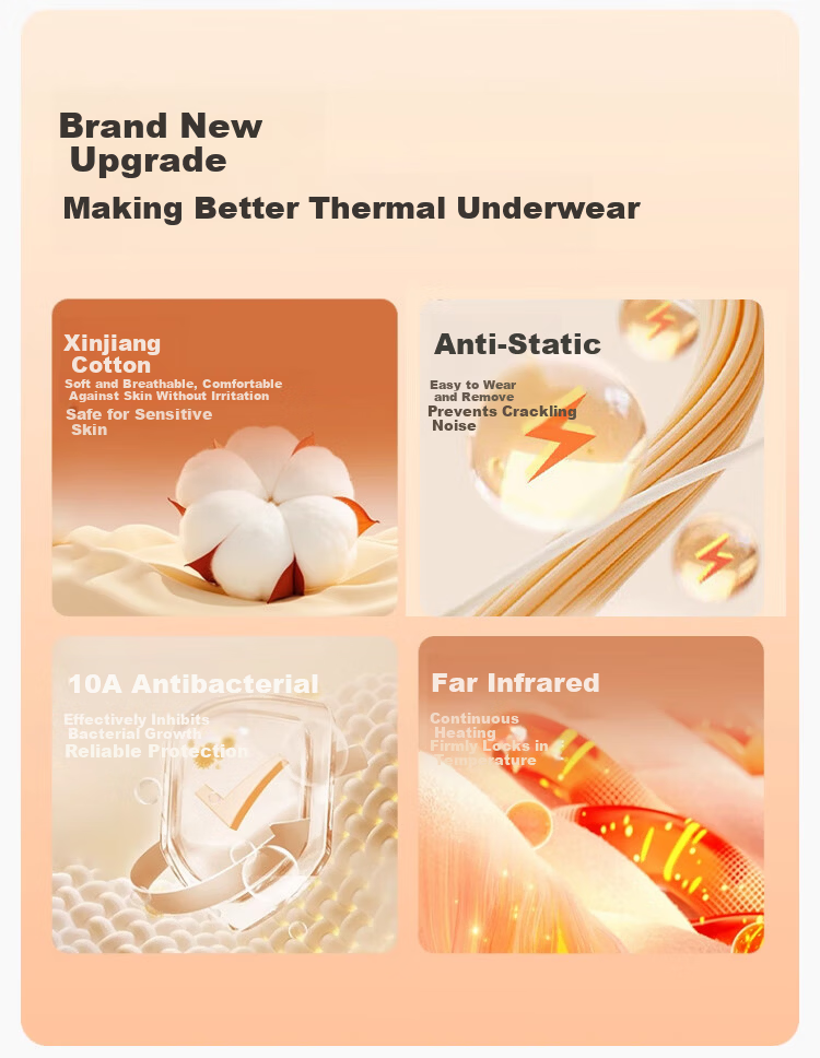 LangSha Men's Thermal Underwear Pure Cotton Set Antibacterial Mite-Resistant Heating Autumn Winter Crew Neck Base Layer Top and Bottom 2