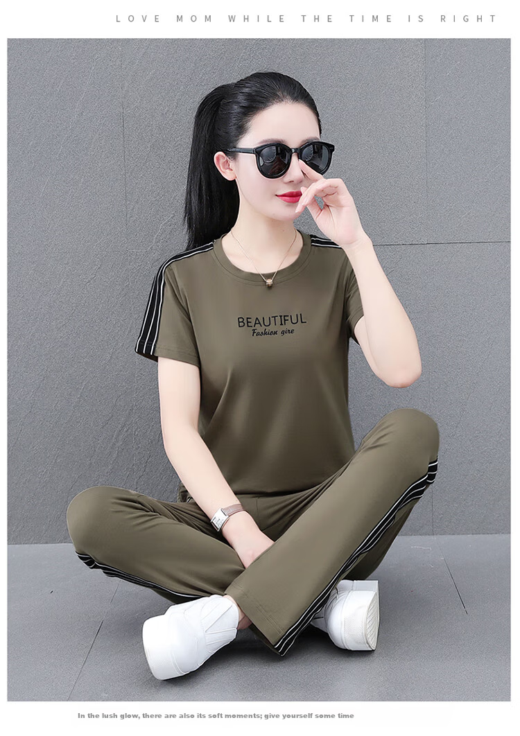 Woodpecker Pure Cotton Women's Summer Sportswear Set Loose Short Sleeve Long Pants Middle-aged Mom Casual Two-piece Suit Royal Blue 4XL 14