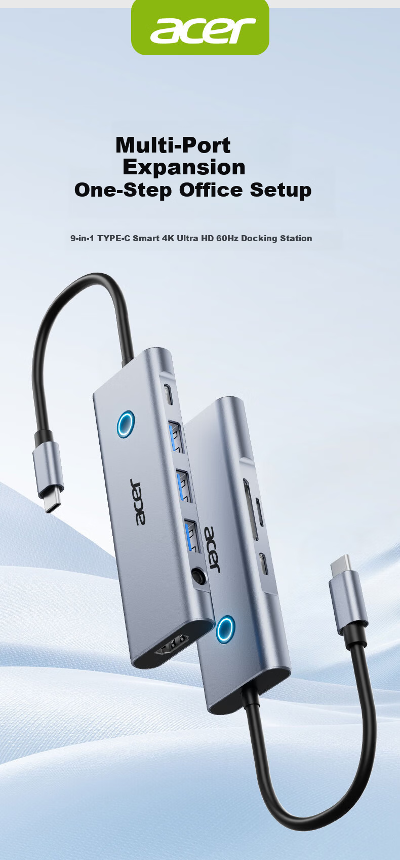 Acer Type-C Expansion Dock, USB3.0 Hub, HDMI Adapter, Compatible with MacBook, Computer And Phone Converter, 4K60Hz Screen Mirroring, PD Charger, Five-I 1