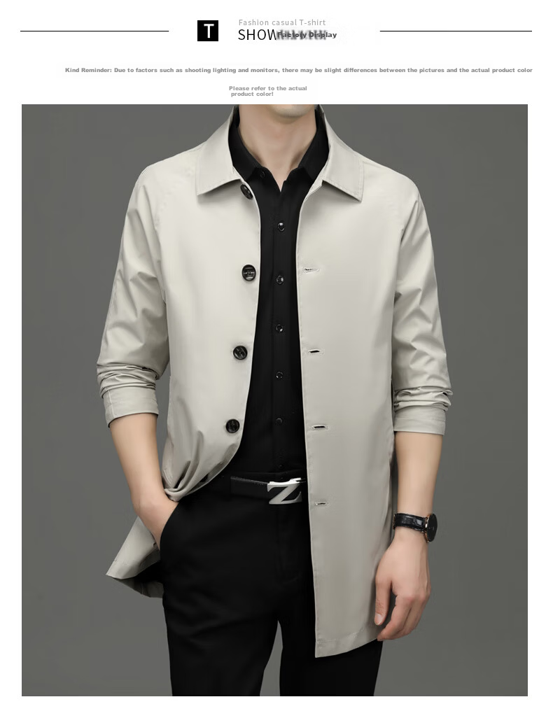 ROMON Men's Spring Autumn Business Casual Mid-Length Trench Coat Jacket D-2021 Off-White M 10
