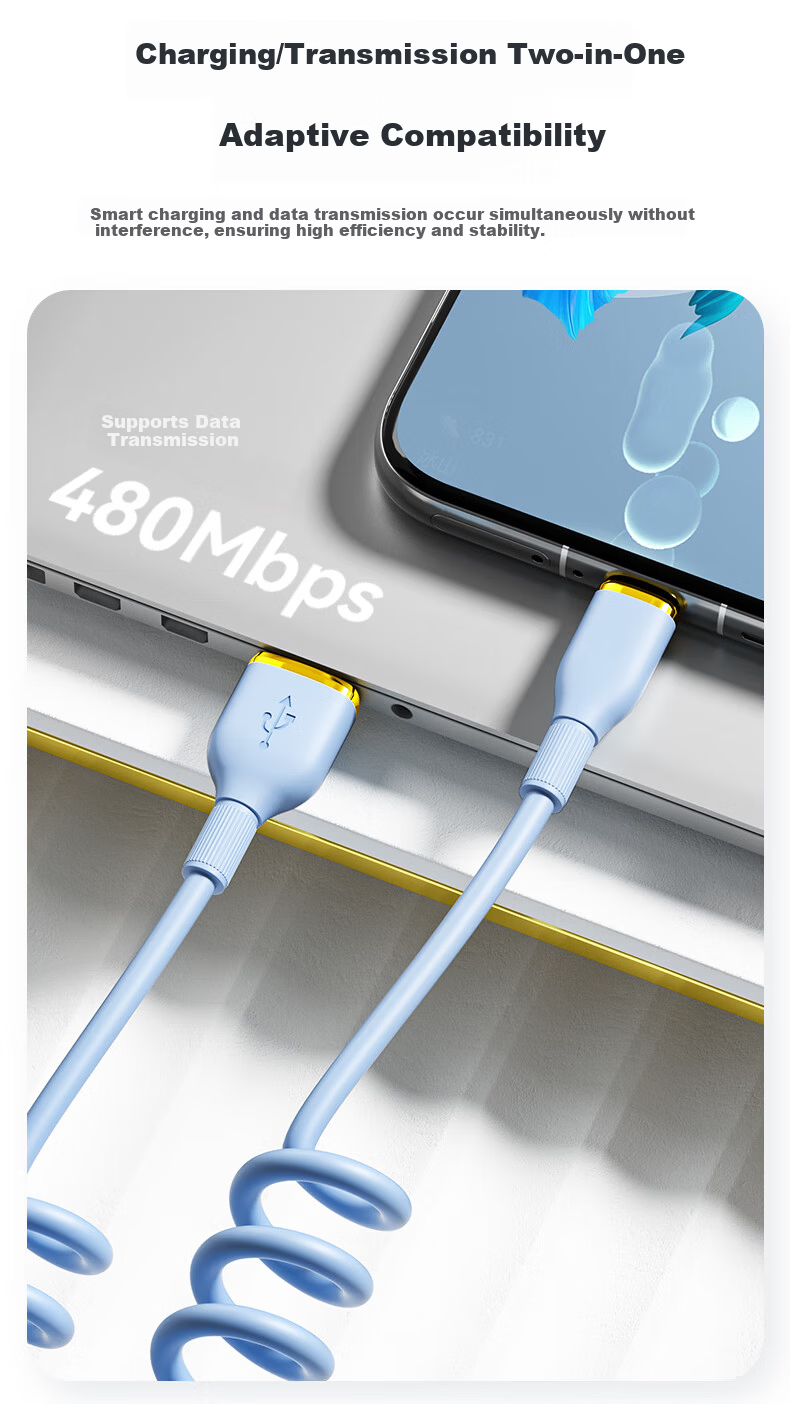 ZiTai Type-C Car Spring Retractable Charging Cable 100W Fast Charge for Huawei Honor Xiaomi Phones 1.2m Blue 3
