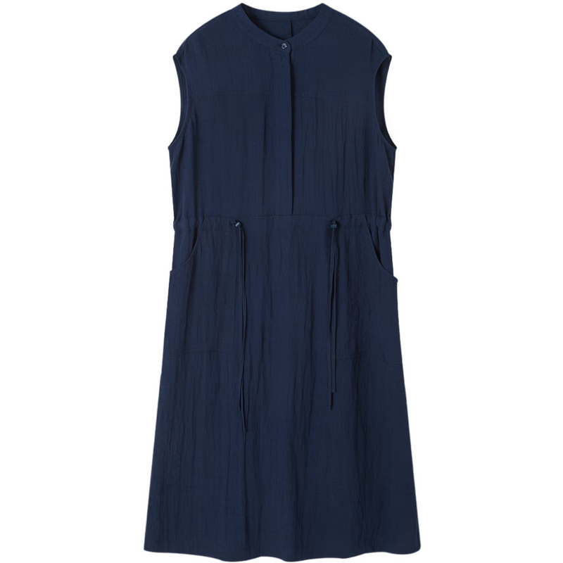 Demana [Accompanied by Elegance] Summer Simple Style Half-Placket Round Neck Drawstring Loose Mid-Length Dress for Women