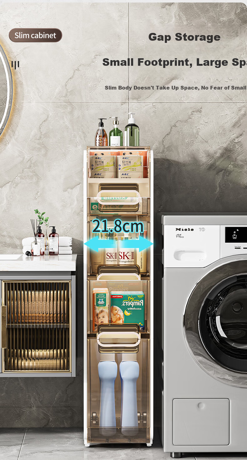JEKO&JEKO Bathroom Storage Rack, Floor-Standing Gap Organizer Cabinet, 24.5cm 4-Tier, No Installation Required, Magnetic Door Opening, Simple And Luxurious Style 3