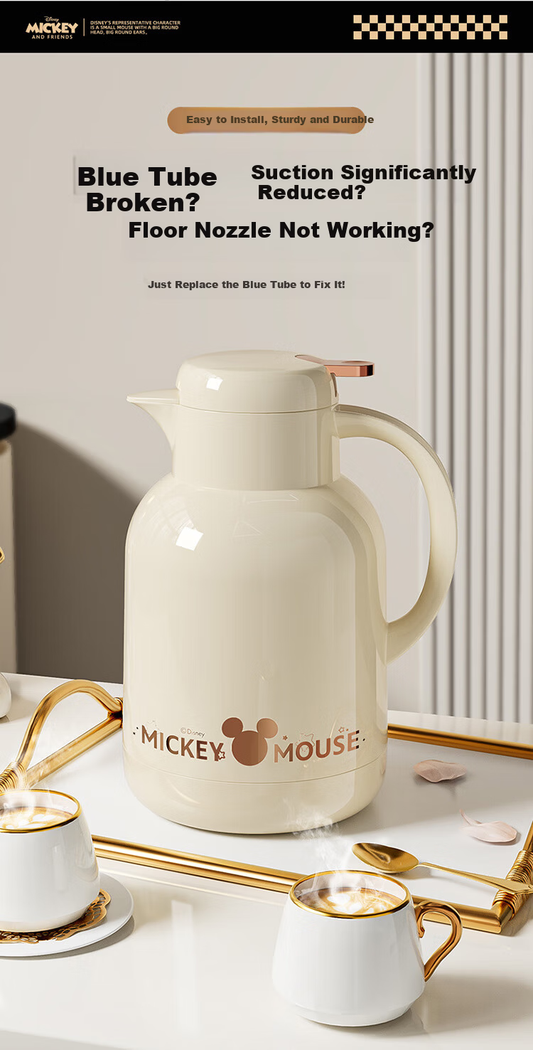Disney Insulated Thermos Home Hot Water Bottle Glass Liner Press Type 1.3L Cream White Gold 8