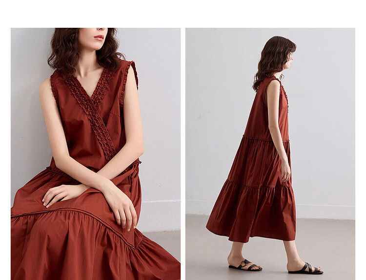 Demana [100% Cotton Poplin] Summer French Style Cross V-Neck Sleeveless Ruffle Slim A-Line Mid-Length Dress for Women 7