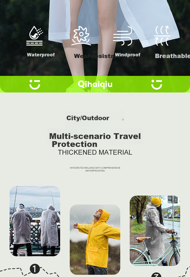 Qihaiqiu Disposable Raincoat Thickened Large Portable Cycling Mountaineering Travel Long Hooded Rain Poncho 1 Piece 2
